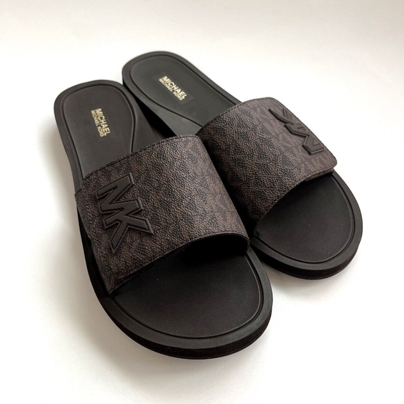 NWB MICHAEL KORS Hook and Loop MK Signature Slide Sandal Size 10 Brown - Picture 4 of 7